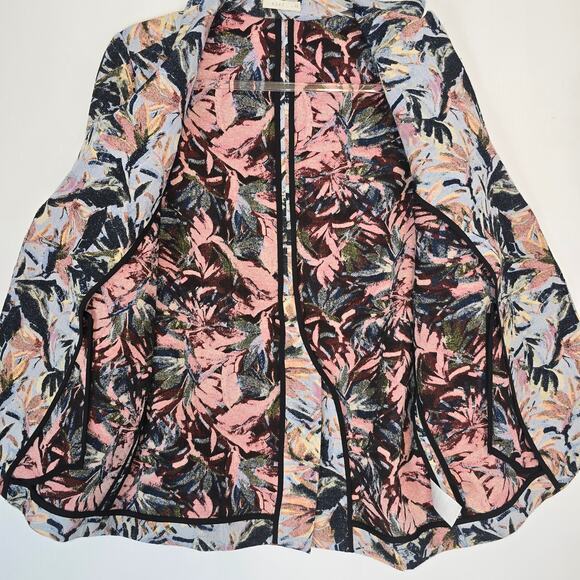 6397 Blazer Jacquard Abstract floral Print Blue Pink 1 Button Slash Pockets XS - Picture 6 of 10